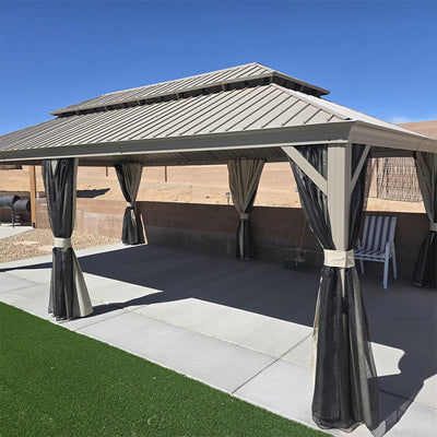PURPLE LEAF – Pavillon de jardin Champagne à toit rigide en acier galvanisé avec rideau amélioré et éclairage
