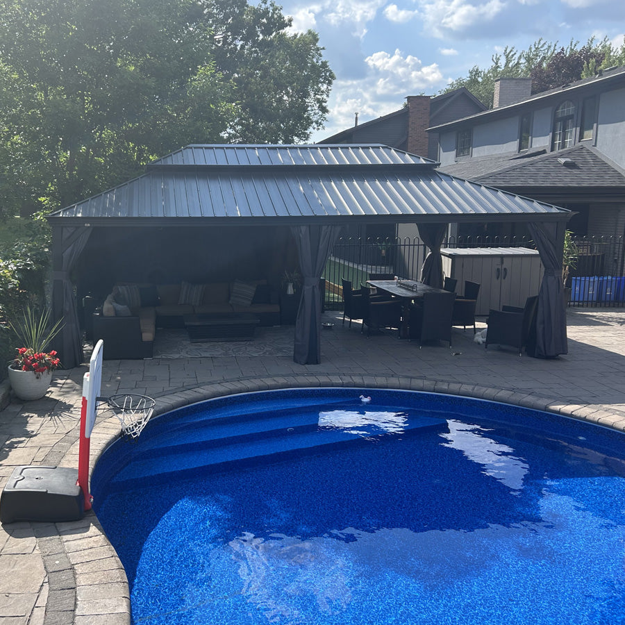 PURPLE LEAF – Pavillon de terrasse pour jardin, toit rigide gris en acier galvanisé avec rideau amélioré