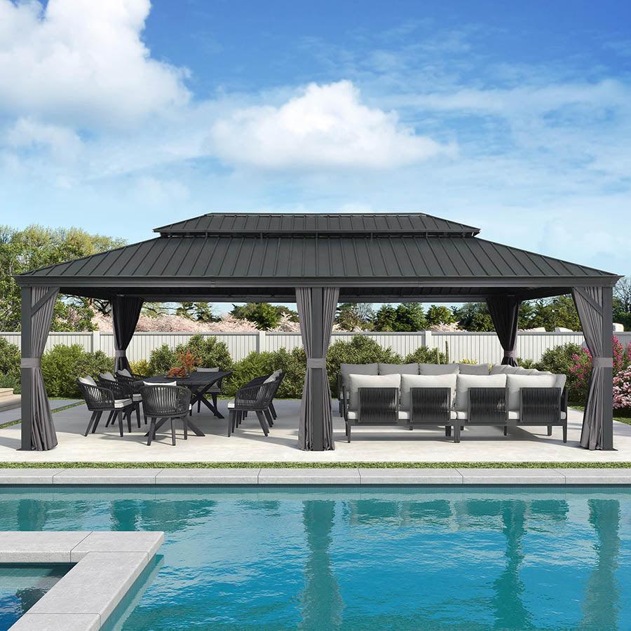 PURPLE LEAF – Pavillon de terrasse pour jardin, toit rigide gris en acier galvanisé avec rideau amélioré