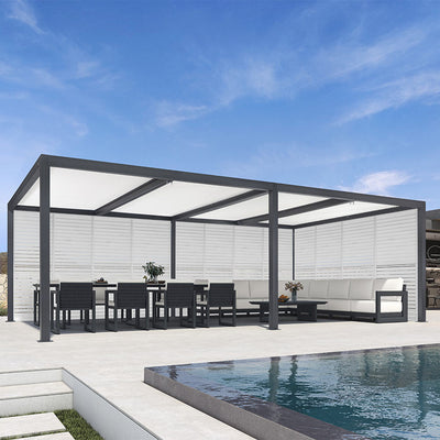 PURPLE LEAF Athena – Pergola extérieure grise en aluminium à lames orientables avec paroi à volets, réglable et étanche à la pluie