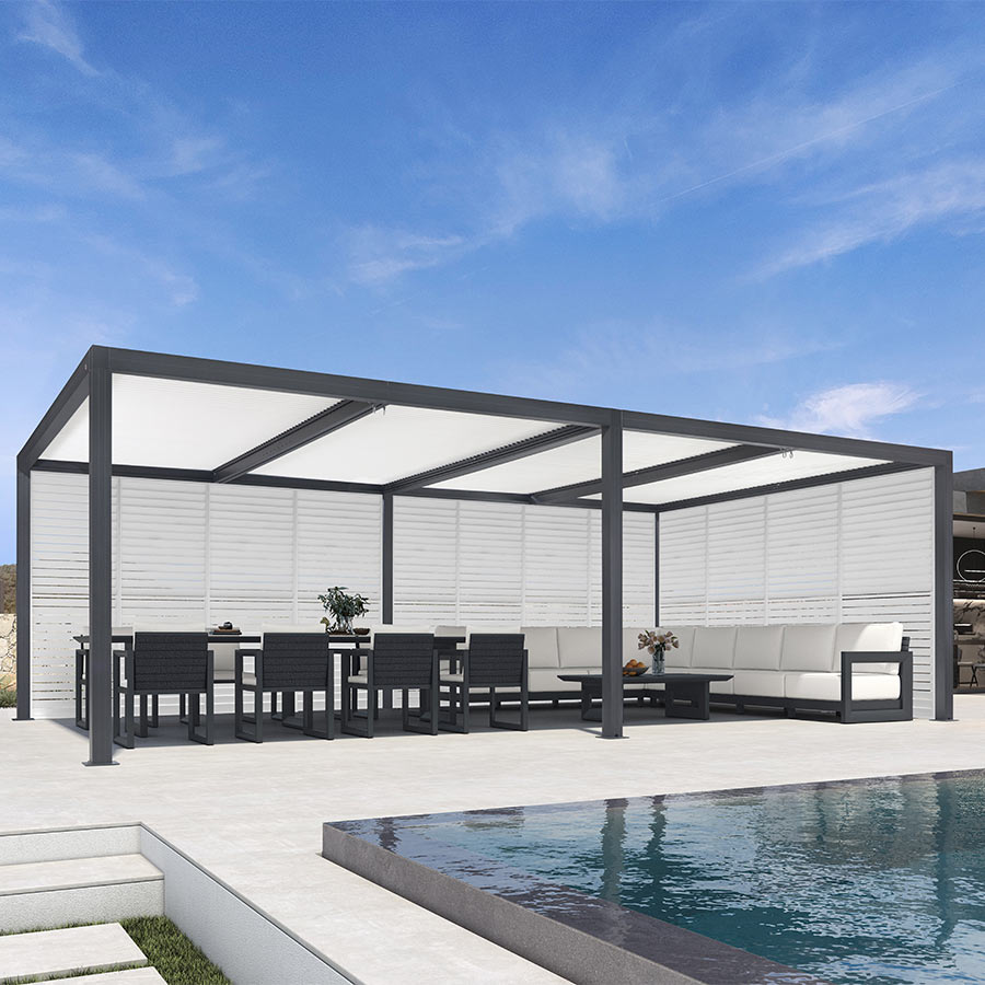 PURPLE LEAF Athena – Pergola extérieure grise en aluminium à lames orientables avec paroi à volets, réglable et étanche à la pluie