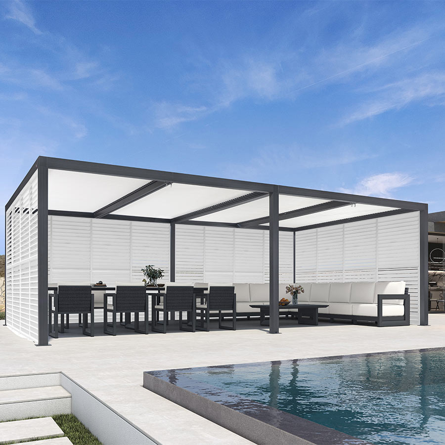 PURPLE LEAF Athena – Pergola extérieure grise en aluminium à lames orientables avec paroi à volets, réglable et étanche à la pluie