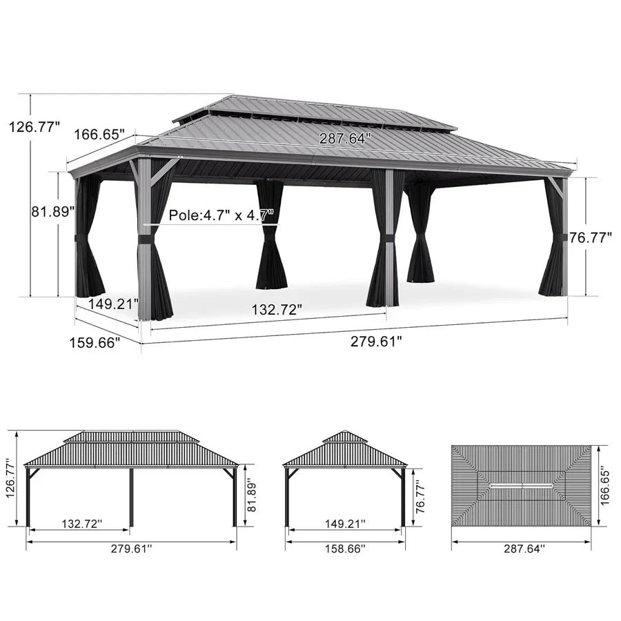 PURPLE LEAF – Pavillon de terrasse pour piscine, toit rigide gris clair en acier galvanisé avec rideaux améliorés