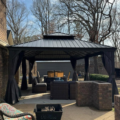 PURPLE LEAF – Pavillon de terrasse pour jardin, toit rigide gris en acier galvanisé avec rideau amélioré