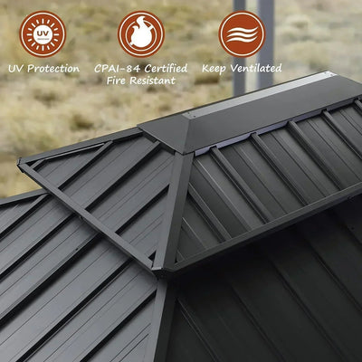 PURPLE LEAF – Pavillon de terrasse pour jardin, toit rigide gris en acier galvanisé avec rideau amélioré