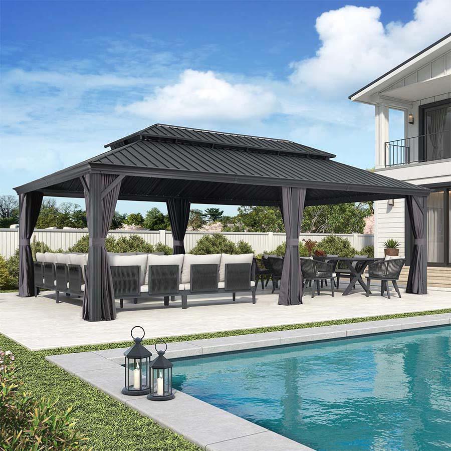 PURPLE LEAF – Pavillon de terrasse pour jardin, toit rigide gris en acier galvanisé avec rideau amélioré