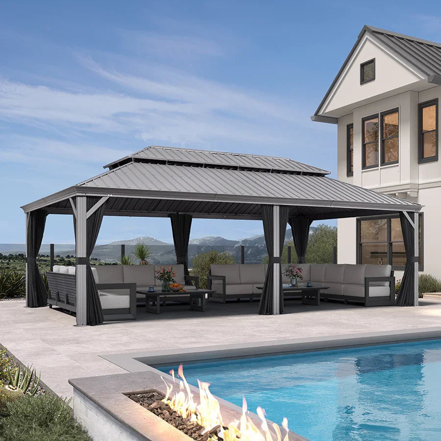 PURPLE LEAF – Pavillon de terrasse pour piscine, toit rigide gris clair en acier galvanisé avec rideaux améliorés