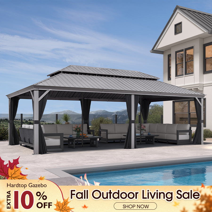 PURPLE LEAF – Pavillon de terrasse pour piscine, toit rigide gris clair en acier galvanisé avec tige de renfort