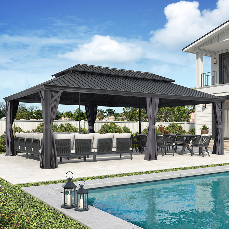PURPLE LEAF – Pavillon de terrasse pour jardin, toit rigide gris en acier galvanisé avec tige de renfort