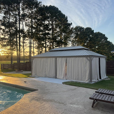 PURPLE LEAF – Pavillon de jardin Champagne à toit rigide en acier galvanisé avec rideau amélioré et éclairage
