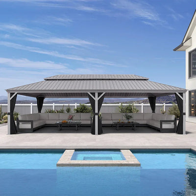 PURPLE LEAF – Pavillon de terrasse pour piscine, toit rigide gris clair en acier galvanisé avec rideaux améliorés