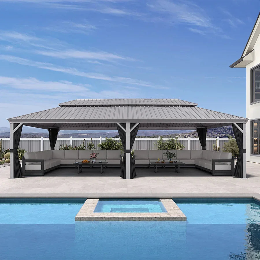 PURPLE LEAF – Pavillon de terrasse pour piscine, toit rigide gris clair en acier galvanisé avec rideaux améliorés