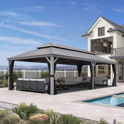 PURPLE LEAF – Pavillon de terrasse pour piscine, toit rigide gris clair en acier galvanisé avec rideaux améliorés