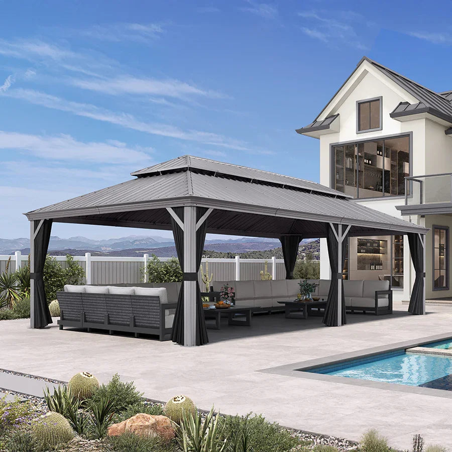 PURPLE LEAF – Pavillon de terrasse pour piscine, toit rigide gris clair en acier galvanisé avec rideaux améliorés