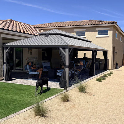 PURPLE LEAF – Pavillon de terrasse pour piscine, toit rigide gris clair en acier galvanisé avec rideaux améliorés