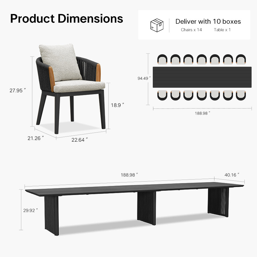 PURPLE LEAF Hailar – Ensemble repas extérieur familial avec table et chaises de terrasse en aluminium et coussins en oléfine