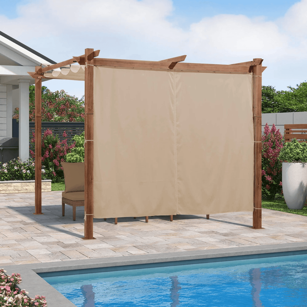 PURPLE LEAF – Pergola extérieure rétractable avec toile d’ombrage, structure effet bois naturel et rideaux