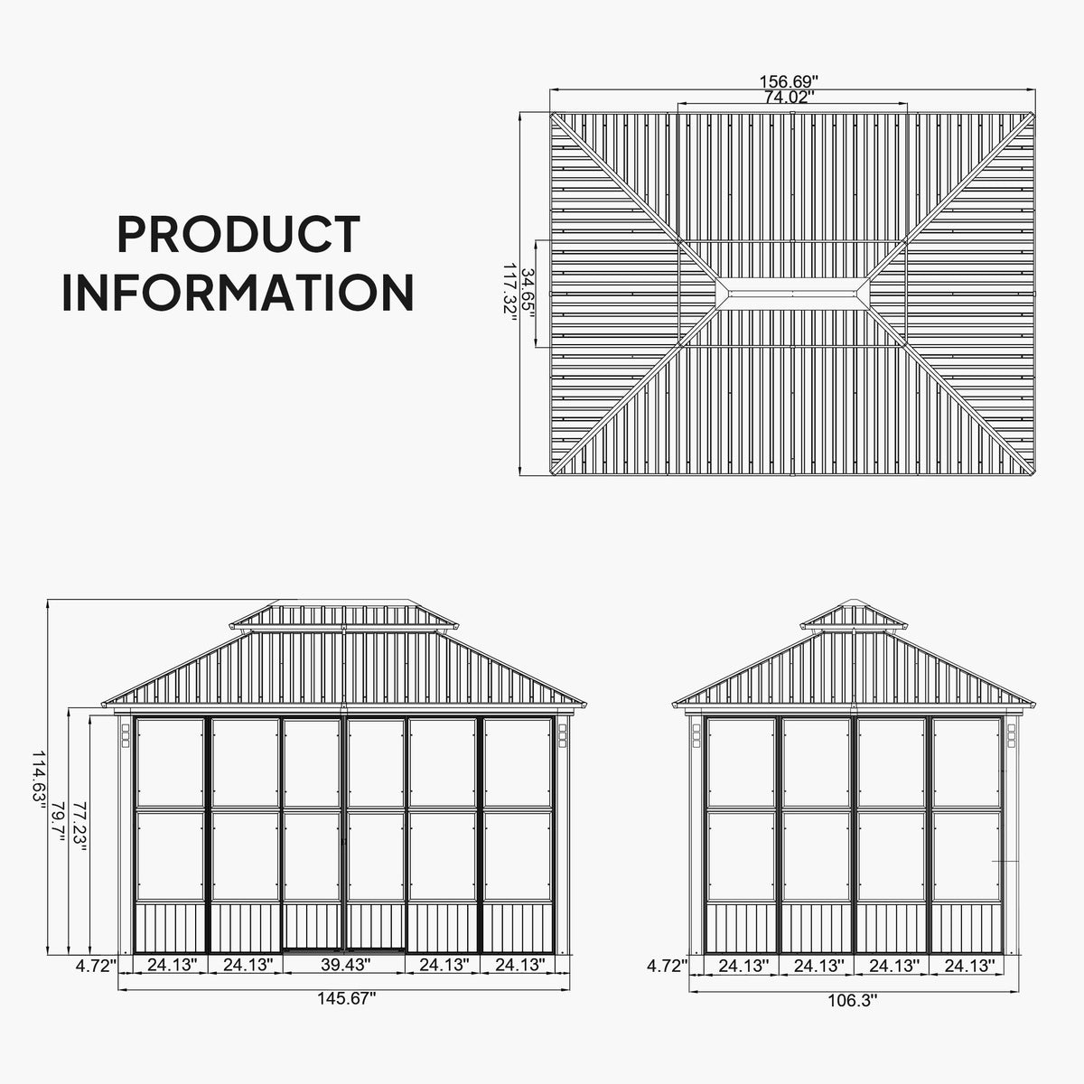PURPLE LEAF – Pavillon-solarium à toit rigide avec colonnes effet bois, structure noire, double toit en acier galvanisé et guirlande lumineuse