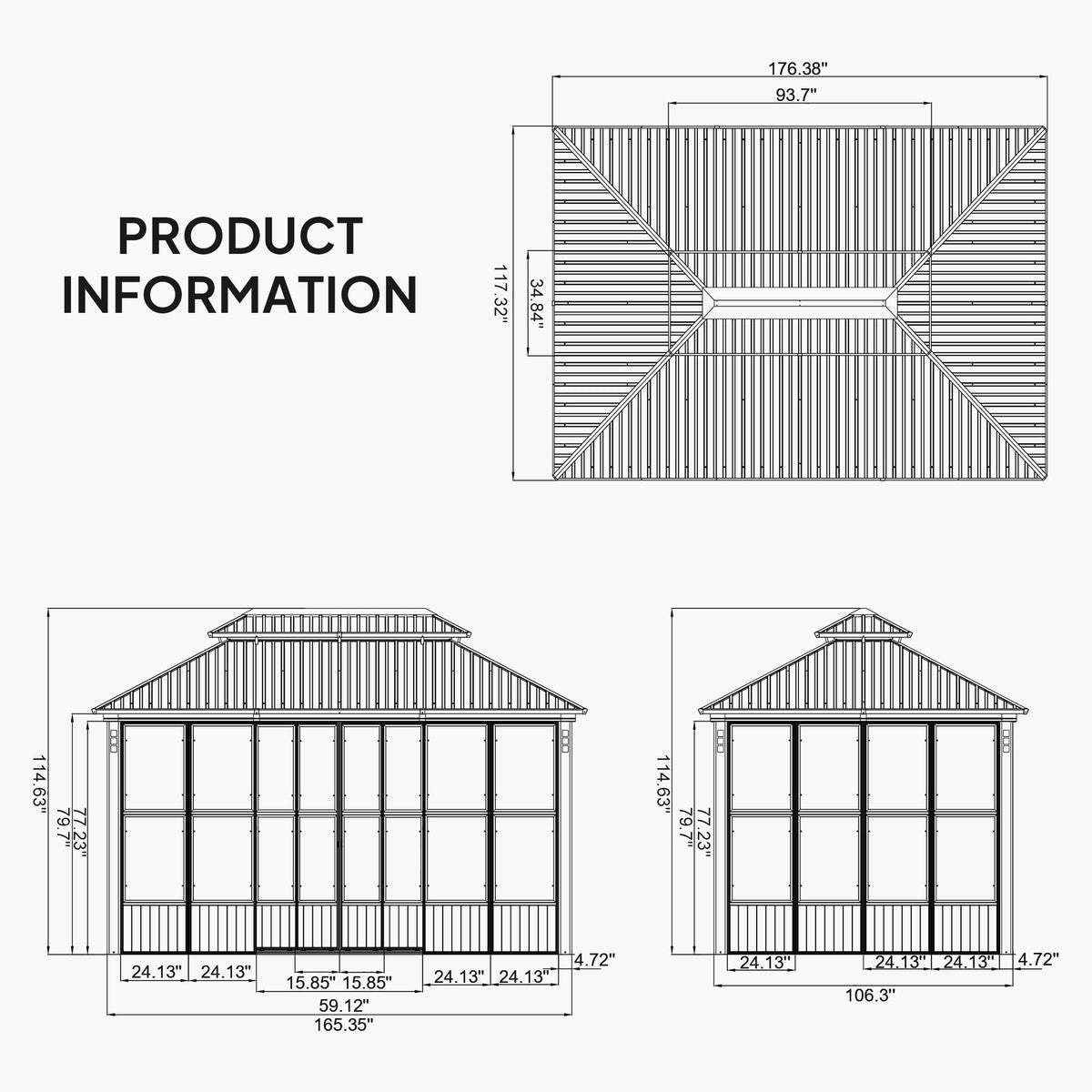 PURPLE LEAF – Pavillon-solarium à toit rigide avec colonnes effet bois, structure noire, double toit en acier galvanisé et guirlande lumineuse