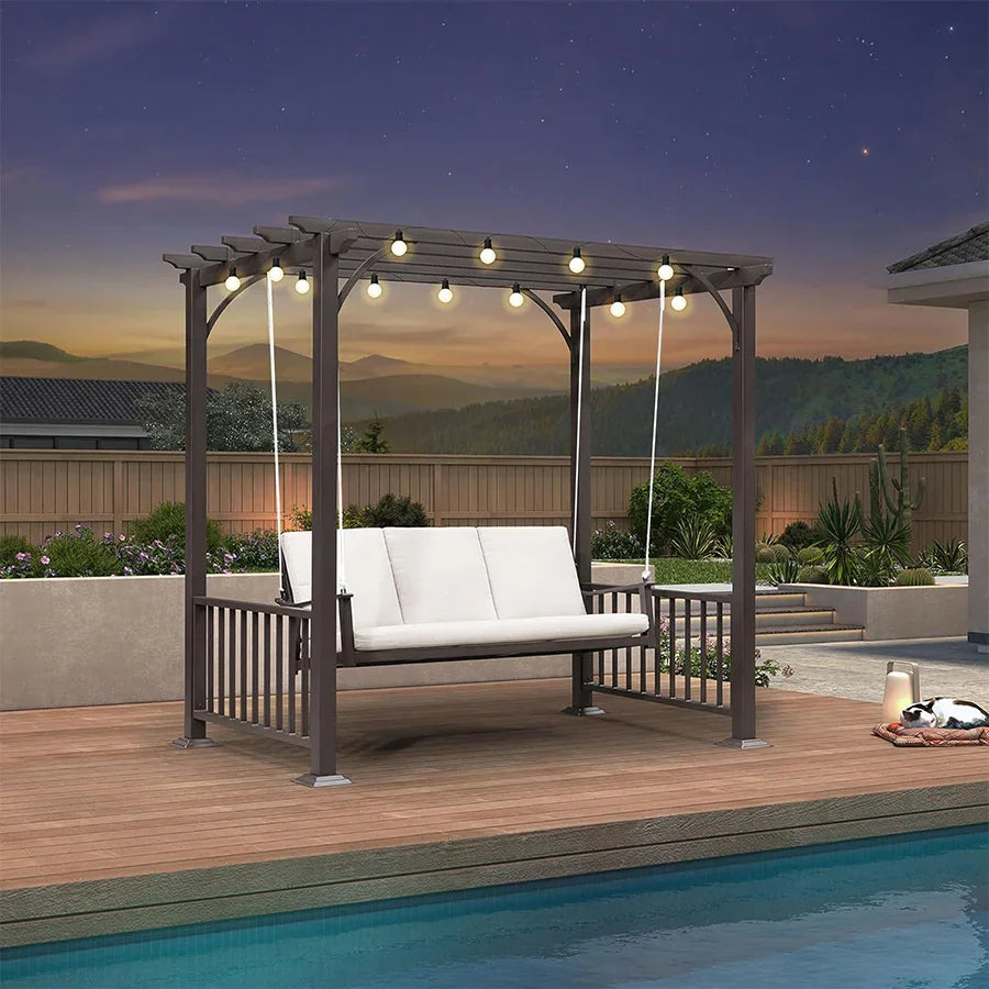PURPLE LEAF – Balancelle-lit extérieure 3 places pour pergola, structure métallique, corde noire, support, coussins et oreillers