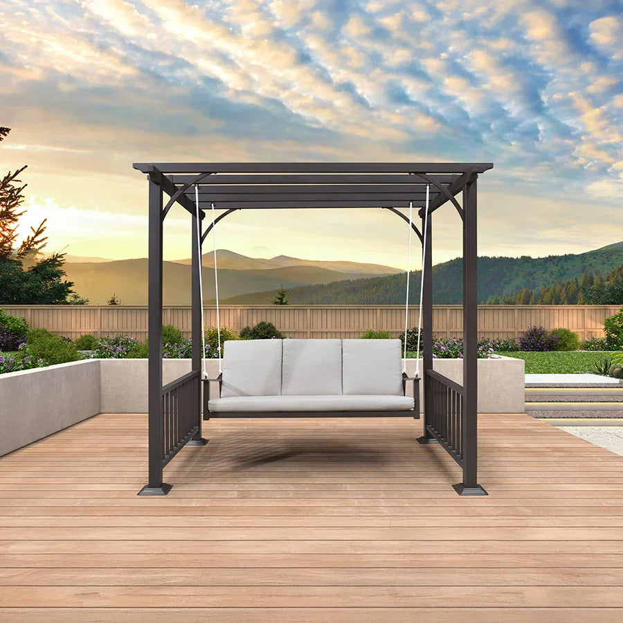 PURPLE LEAF – Balancelle-lit extérieure 3 places pour pergola, structure métallique, corde noire, support, coussins et oreillers