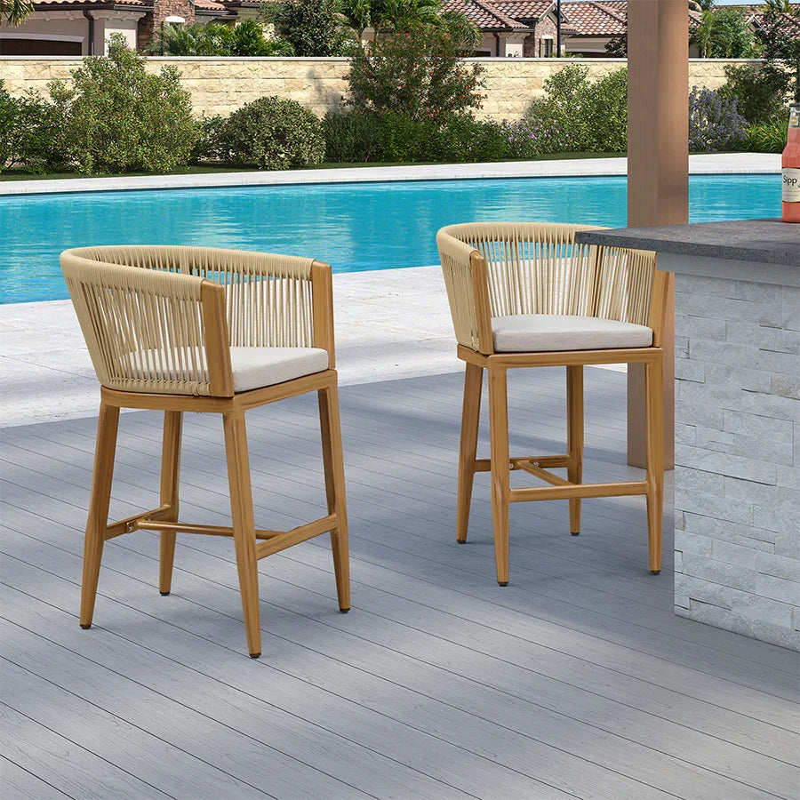 PURPLE LEAF – Lot de 2 tabourets de bar en rotin avec coussins et structure en aluminium pour extérieur ou intérieur