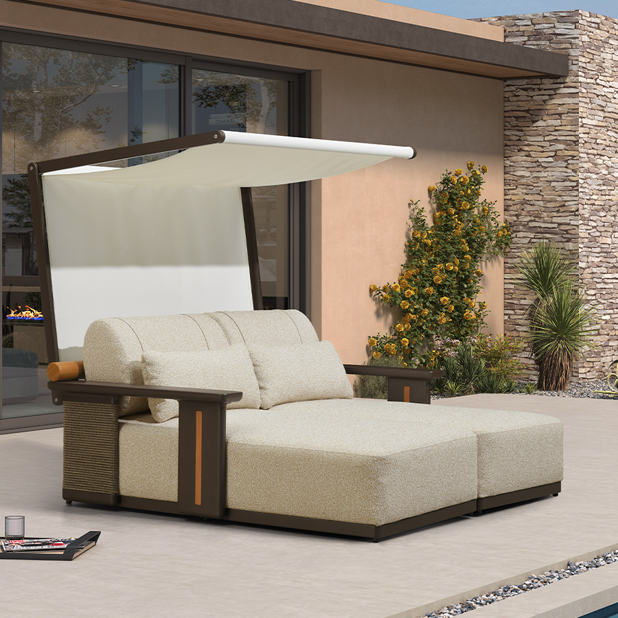 PURPLE LEAF – Chaise longue extérieure moderne en aluminium finition teck avec coussin épais et 2 oreillers pour terrasse, piscine et villa
