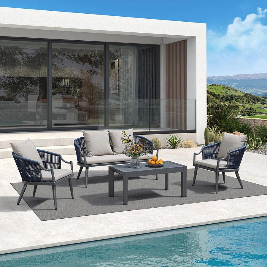 PURPLE LEAF Buler – Ensemble salon de terrasse moderne 4/8 pièces avec fauteuils en rotin, canapé et table basse pour bord de piscine