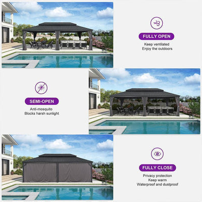 PURPLE LEAF – Pavillon de terrasse pour jardin, toit rigide gris en acier galvanisé avec rideau amélioré