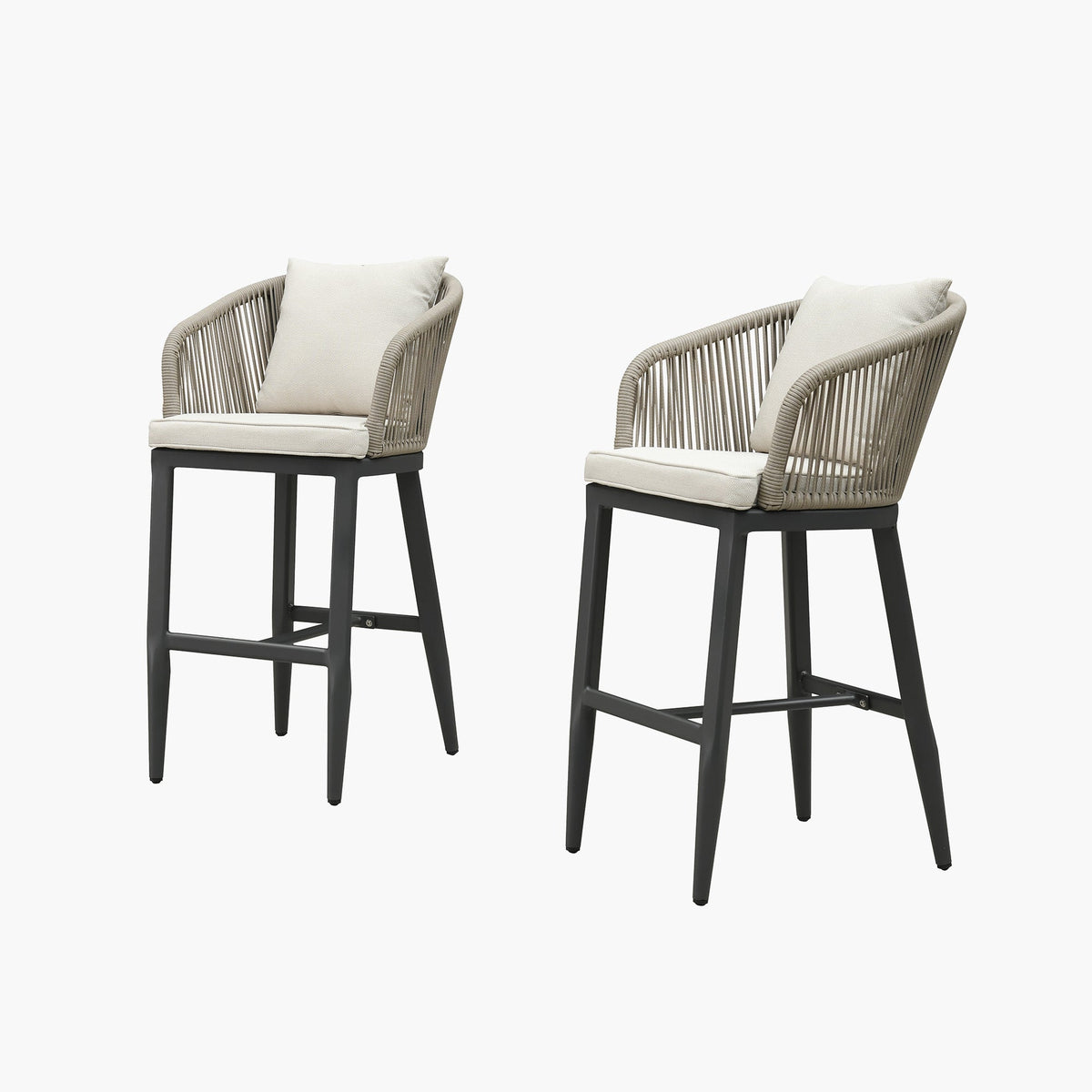 PURPLE LEAF – Tabourets de bar modernes extérieurs en aluminium et rotin avec dossier haut, accoudoirs, coussins et oreillers amovibles