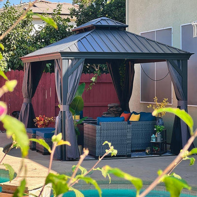 PURPLE LEAF – Pavillon de terrasse pour jardin, toit rigide gris en acier galvanisé avec rideau amélioré
