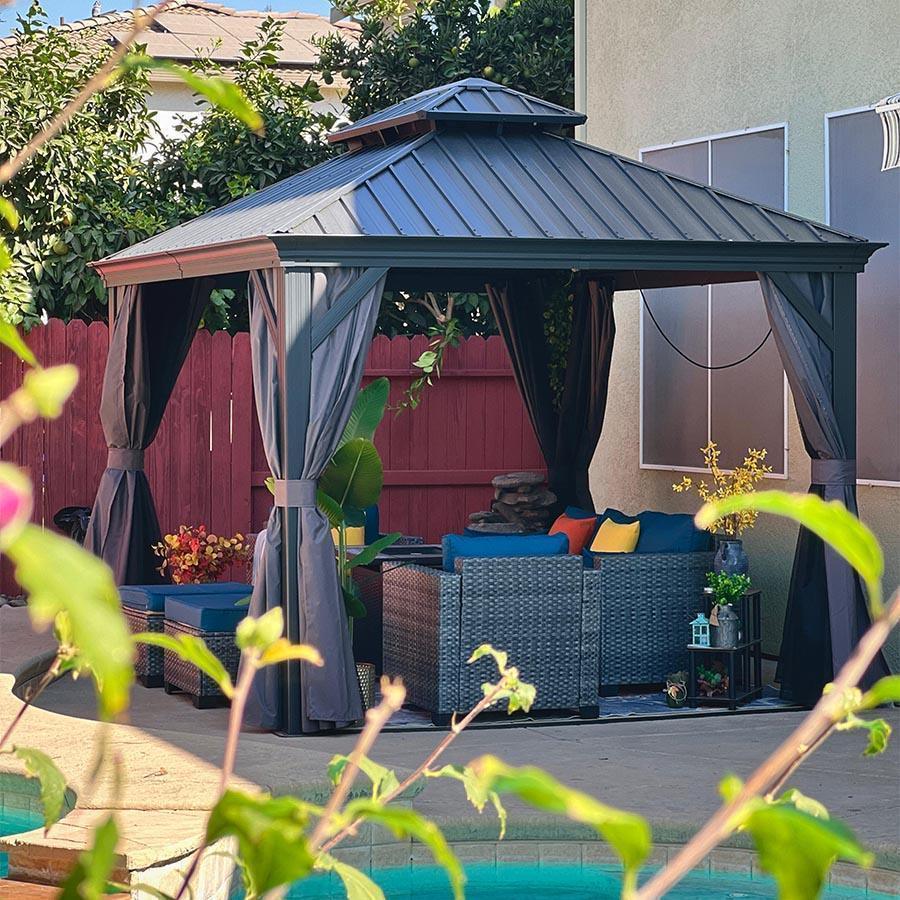 PURPLE LEAF – Pavillon de terrasse pour jardin, toit rigide gris en acier galvanisé avec rideau amélioré