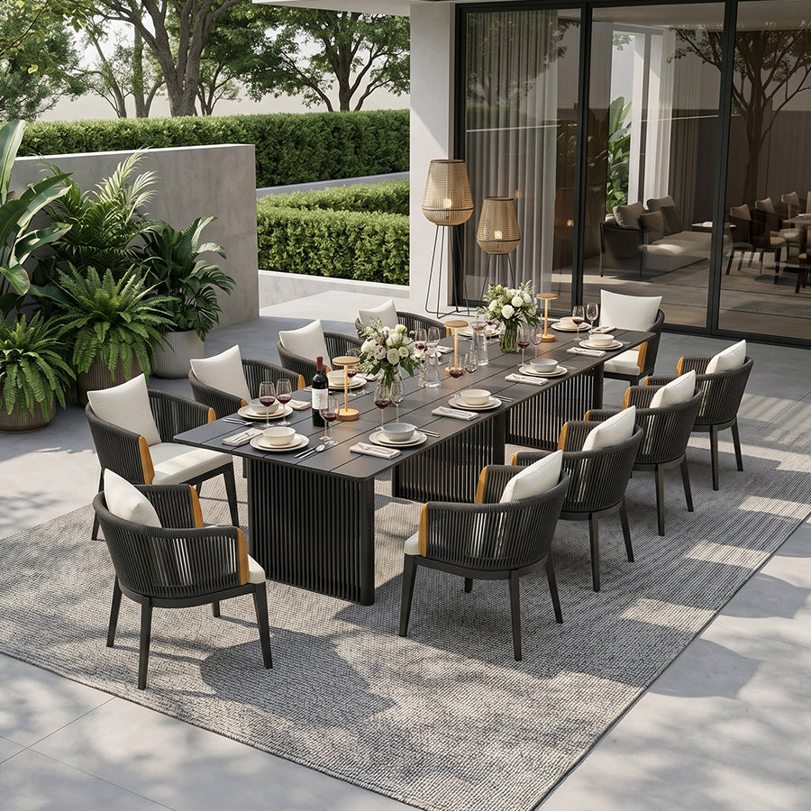 PURPLE LEAF Hailar – Ensemble repas extérieur familial avec table et chaises de terrasse en aluminium et coussins en oléfine