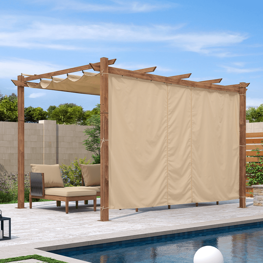 PURPLE LEAF – Pergola extérieure rétractable avec toile d’ombrage, structure effet bois naturel et rideaux