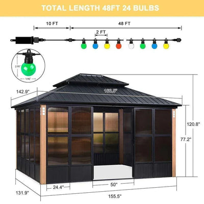 PURPLE LEAF – Pavillon-solarium à toit rigide avec colonnes effet bois, structure noire, double toit en acier galvanisé et guirlande lumineuse