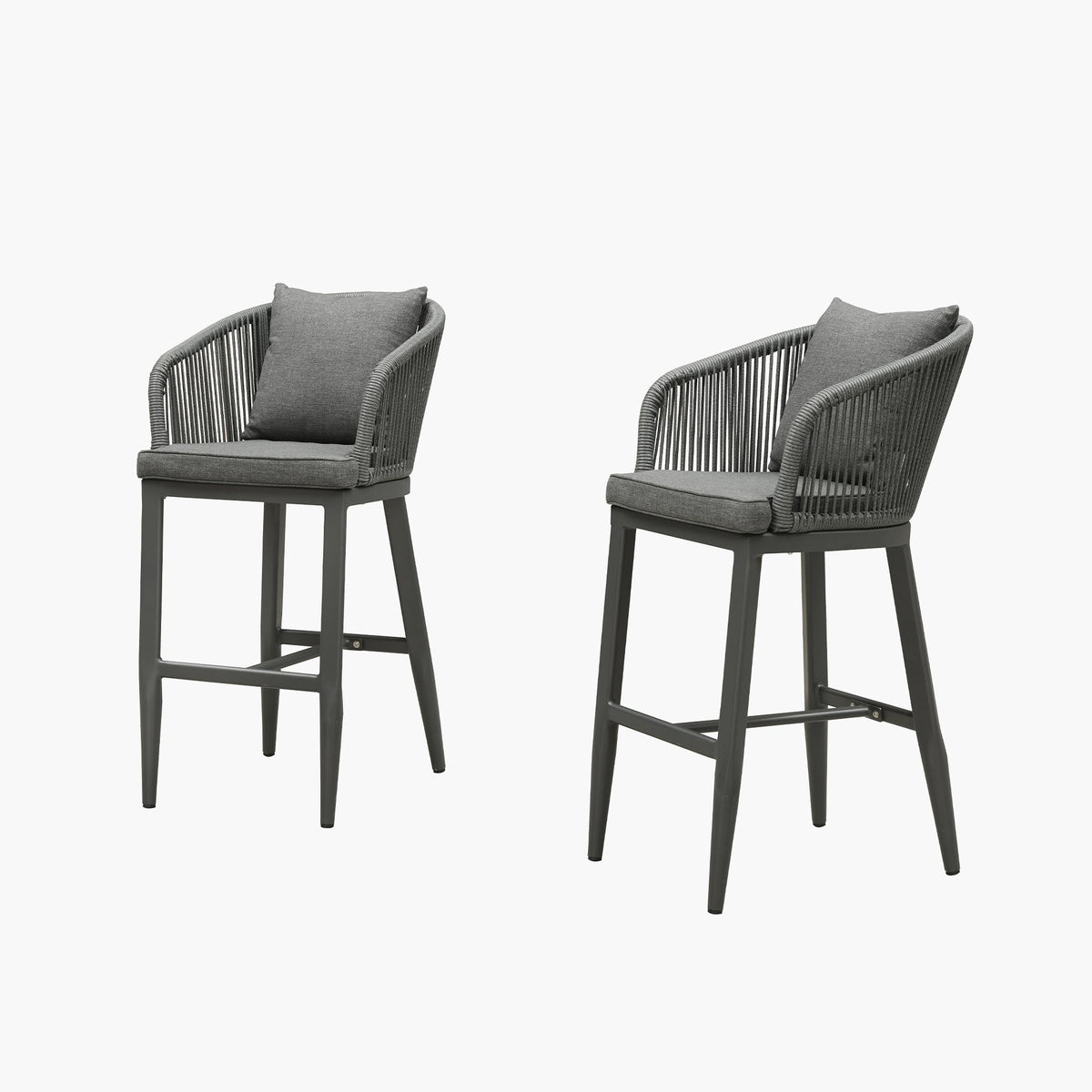 PURPLE LEAF – Tabourets de bar modernes extérieurs en aluminium et rotin avec dossier haut, accoudoirs, coussins et oreillers amovibles