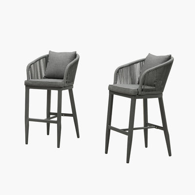PURPLE LEAF – Tabourets de bar modernes extérieurs en aluminium et rotin avec dossier haut, accoudoirs, coussins et oreillers amovibles