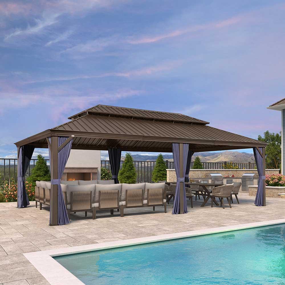 PURPLE LEAF – Pavillon extérieur à toit rigide pour terrasse, structure en aluminium bronze avec rideau bleu marine