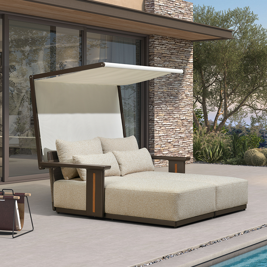 PURPLE LEAF – Double chaise longue extérieure haut de gamme en aluminium Premium avec accoudoirs finition teck, 4 oreillers et auvent en Textilene