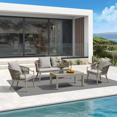 PURPLE LEAF Buler – Ensemble salon de terrasse moderne 4/8 pièces avec fauteuils en rotin, canapé et table basse pour bord de piscine