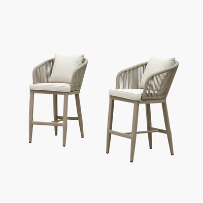 PURPLE LEAF – Tabourets de bar modernes extérieurs en aluminium et rotin avec dossier haut, accoudoirs, coussins et oreillers amovibles