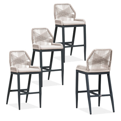 PURPLE LEAF – Lot de 4 tabourets de bar extérieurs en aluminium avec dossier, rotin tressé moderne style bohème pour jardin et piscine