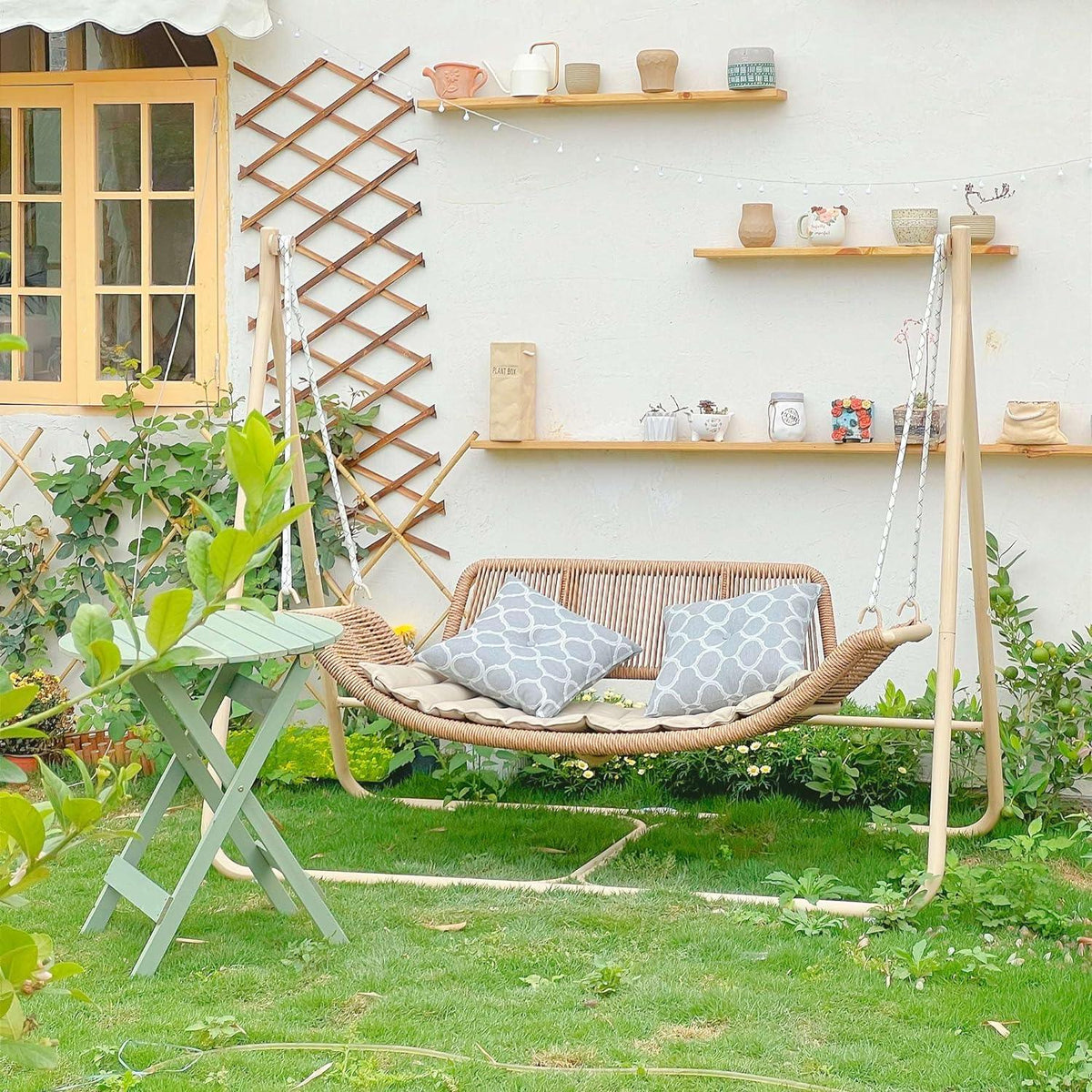 PURPLE LEAF Double Cloud – Fauteuil suspendu extérieur en rotin pour terrasse avec coussin et dossier