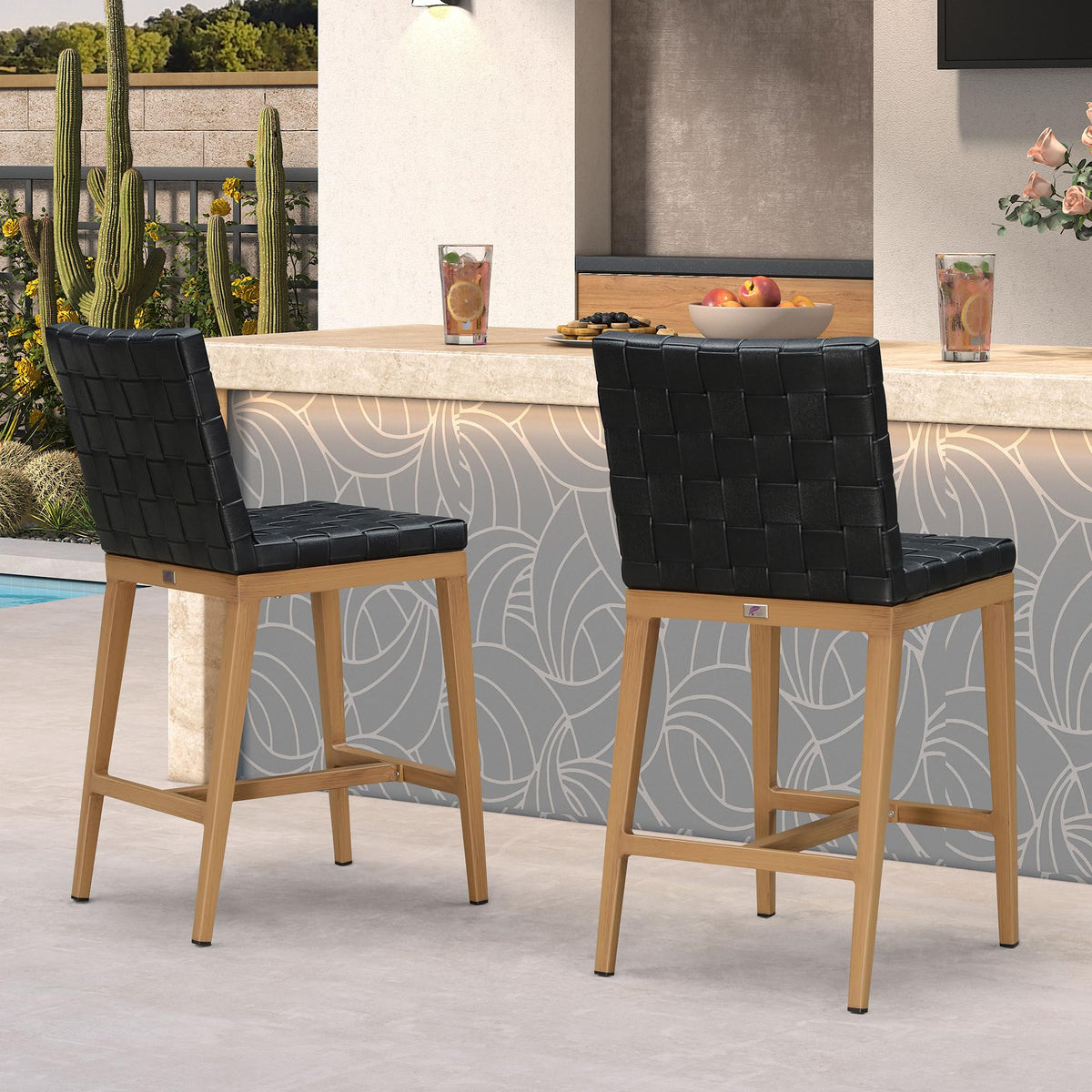 PURPLE LEAF – Lot de 2 tabourets extérieurs hauteur comptoir en cuir PU avec structure en aluminium pour piscine, jardin et îlot de cuisine