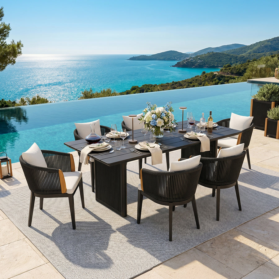 PURPLE LEAF Hailar – Ensemble repas extérieur familial avec table et chaises de terrasse en aluminium et coussins en oléfine