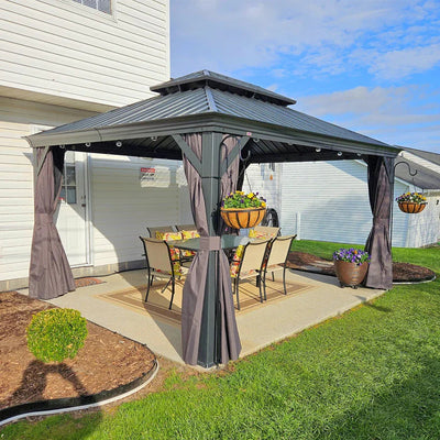 PURPLE LEAF – Pavillon de terrasse pour jardin, toit rigide gris en acier galvanisé avec rideau amélioré