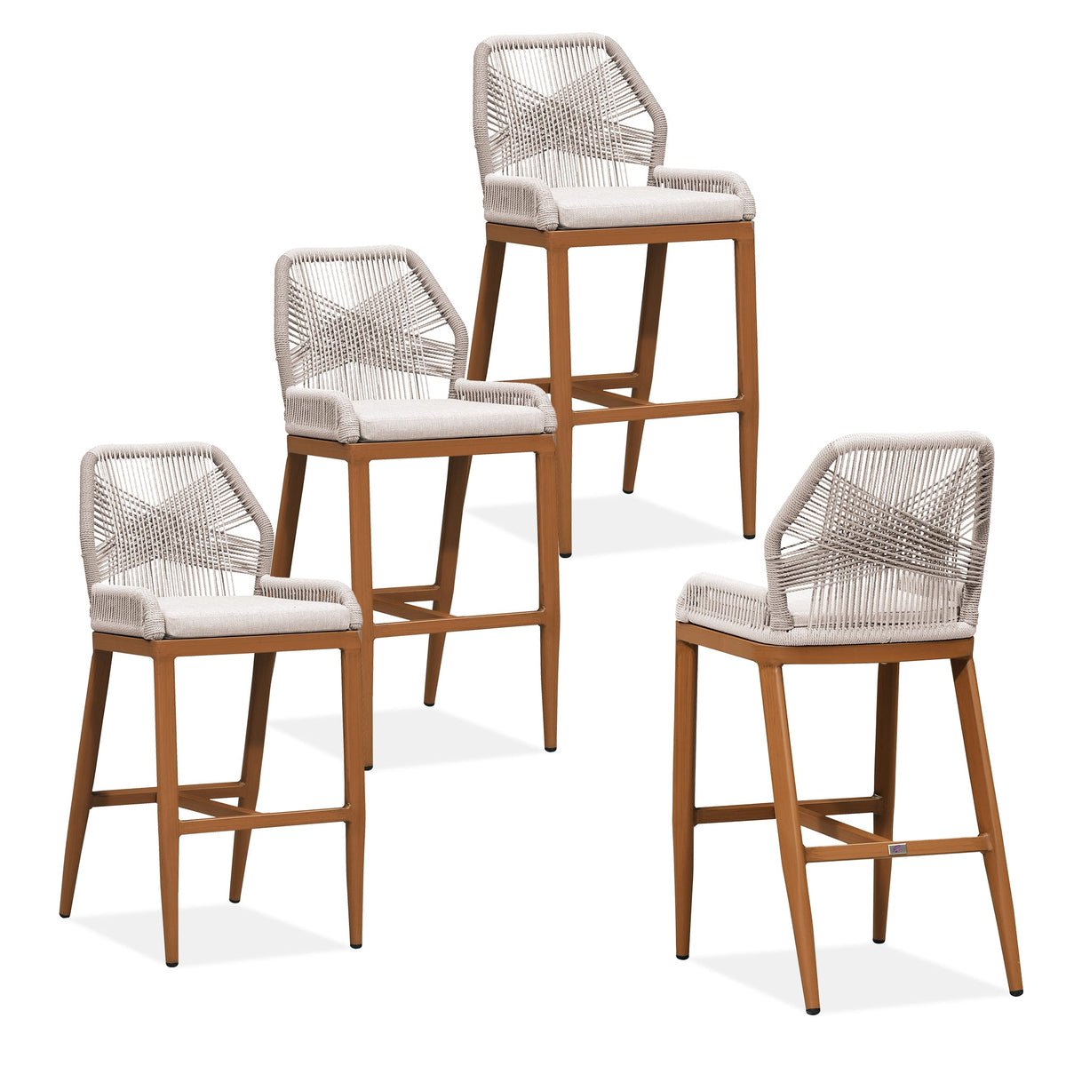 PURPLE LEAF – Lot de 4 tabourets de bar extérieurs en aluminium avec dossier, rotin tressé moderne style bohème pour jardin et piscine