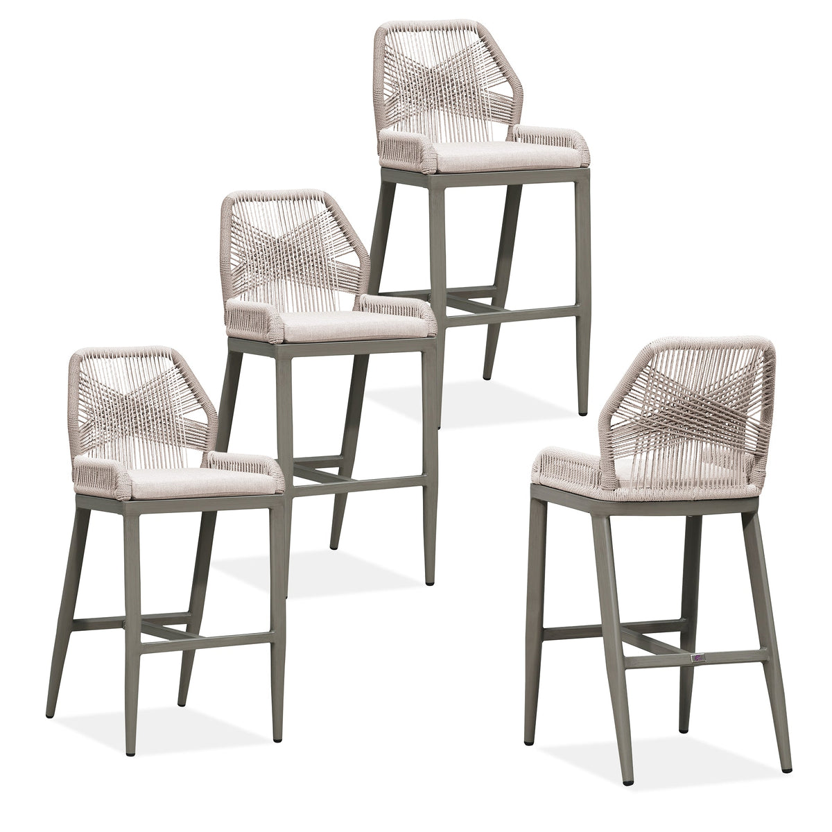 PURPLE LEAF – Lot de 4 tabourets de bar extérieurs en aluminium avec dossier, rotin tressé moderne style bohème pour jardin et piscine
