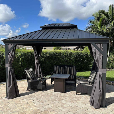PURPLE LEAF – Pavillon de terrasse pour jardin, toit rigide gris en acier galvanisé avec rideau amélioré