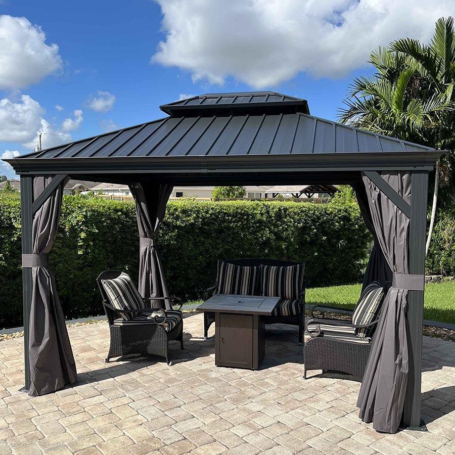 PURPLE LEAF – Pavillon de terrasse pour jardin, toit rigide gris en acier galvanisé avec rideau amélioré